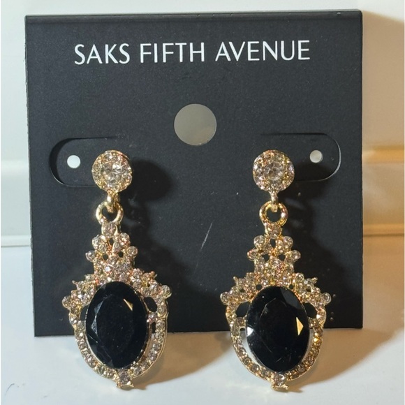 Saks Fifth Ave Gold Tone Black Crystal Post Dangle Earrings - Picture 2 of 6